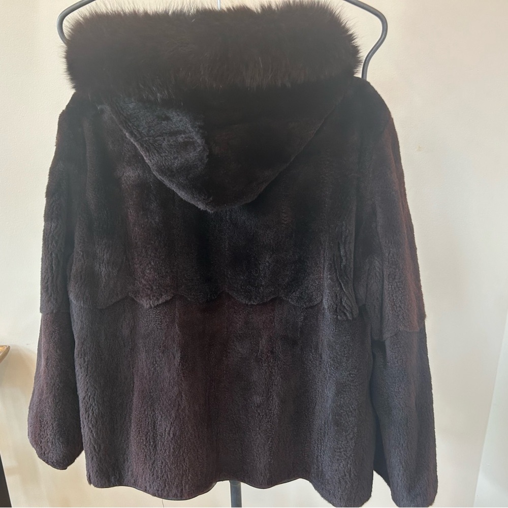 Black Sheared Beaver & Leather Reversible Coat with Fox Fur Lined Hood M/L - Picture 2 of 13